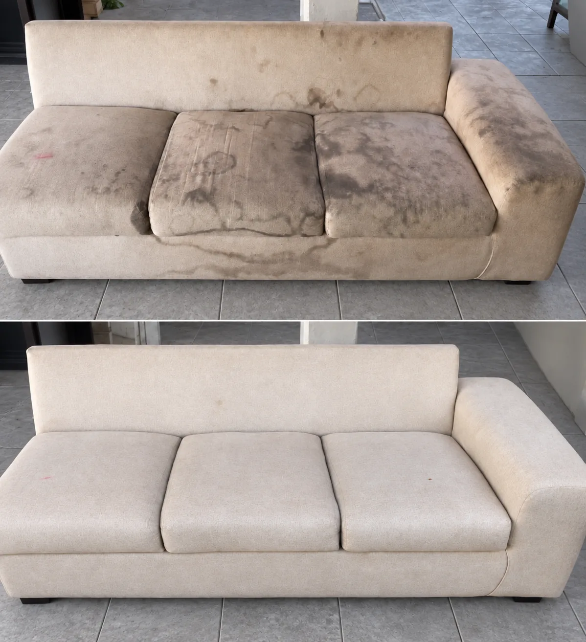 Antes y después de limpieza de sofá color arena a domicilio en Culiacán